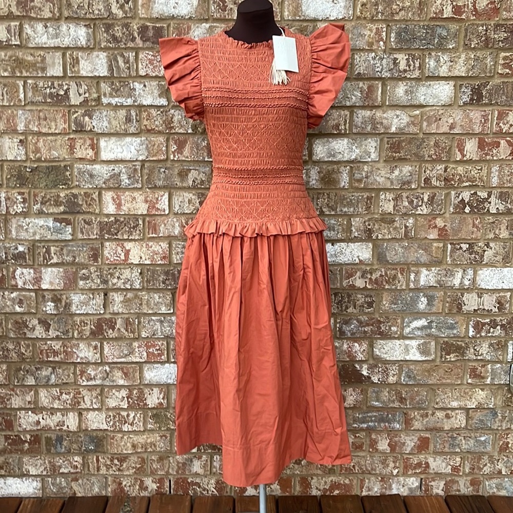 ULLA JOHNSON Madeline ruffled smocked cotton-jersey midi dress size 8 - Picture 3 of 11